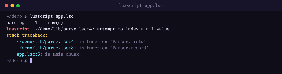 A terminal showing an uncaught runtime error followed by its stack traceback