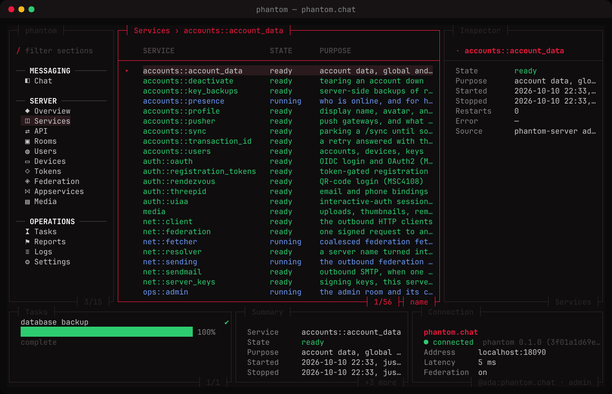 The services section of the phantom console